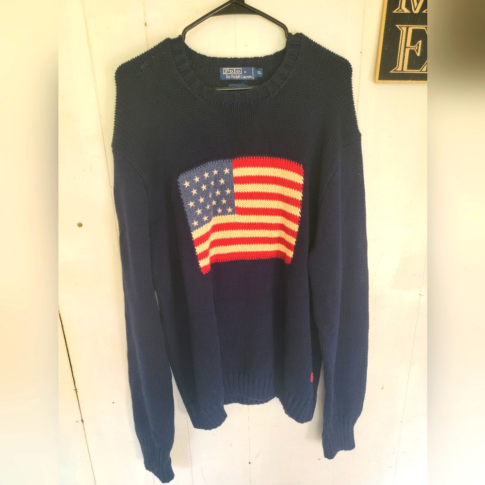 Vintage Ralph Lauren Polo American Flag Knit Sweater 100% Cotton